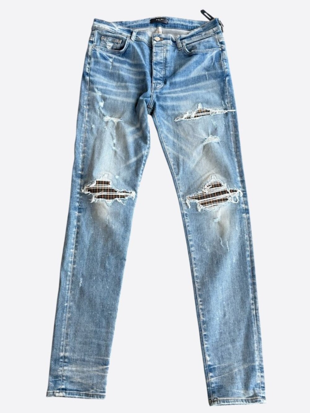 Amiri Clay Indigo Brown Plaid Patch MX1 Jeans